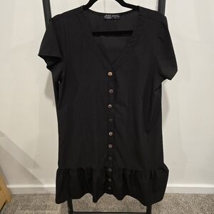 Black Button-Down Ruffle Hem Dress